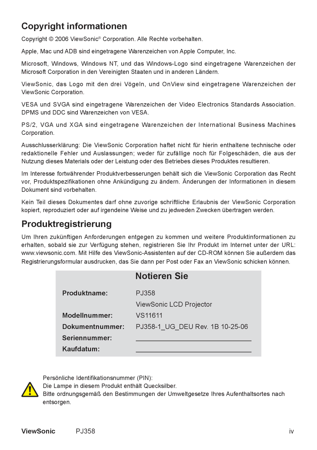 ViewSonic PJ860 manual Copyright informationen, Produktregistrierung Notieren Sie 