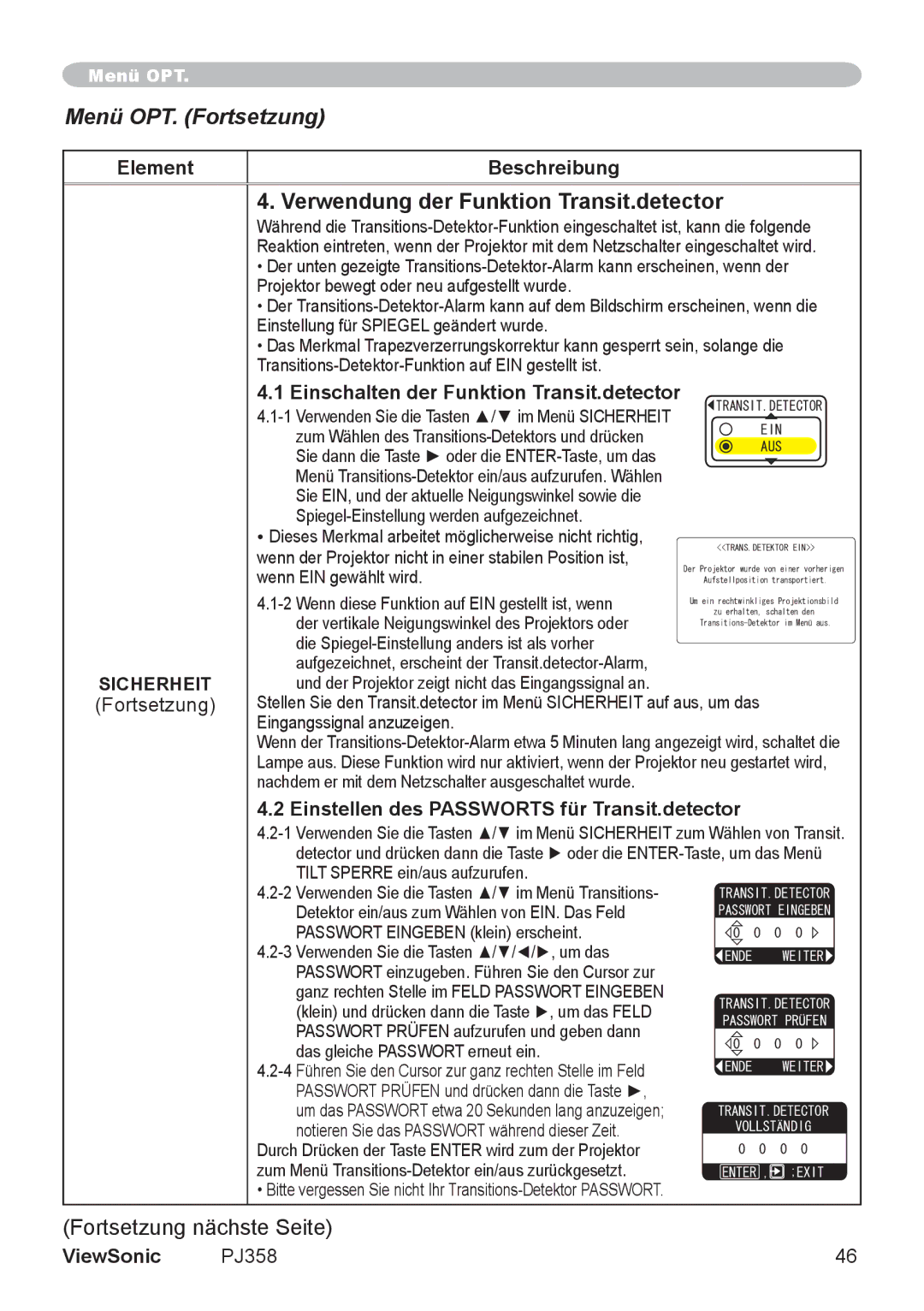 ViewSonic PJ860 manual Verwendung der Funktion Transit.detector, Einschalten der Funktion Transit.detector 