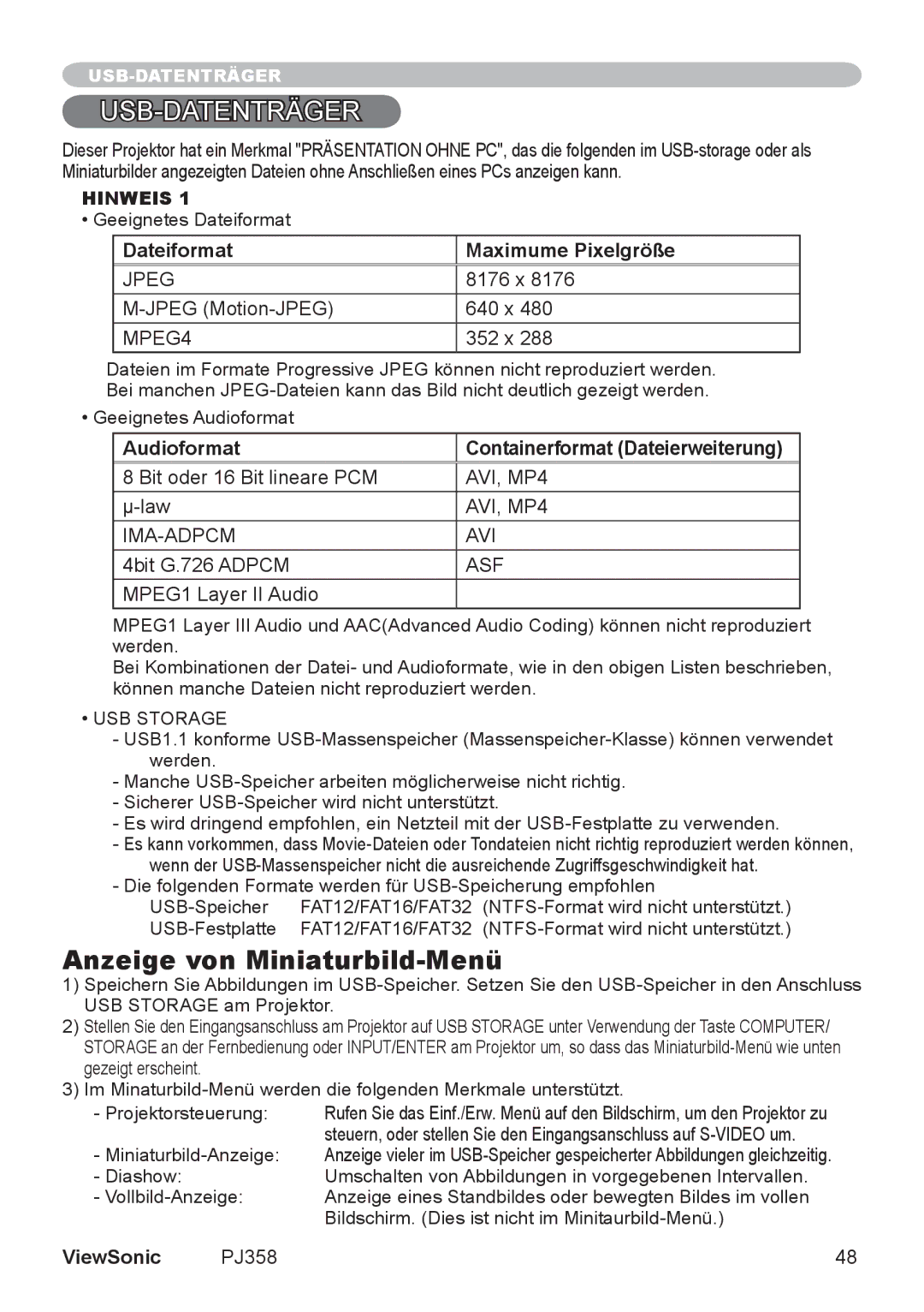 ViewSonic PJ860 manual Anzeige von Miniaturbild-Menü, Dateiformat Maximume Pixelgröße 