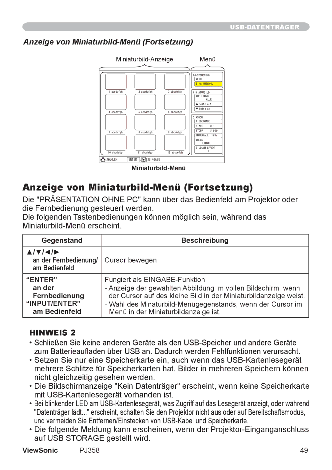 ViewSonic PJ860 manual Anzeige von Miniaturbild-Menü Fortsetzung, Input/Enter 