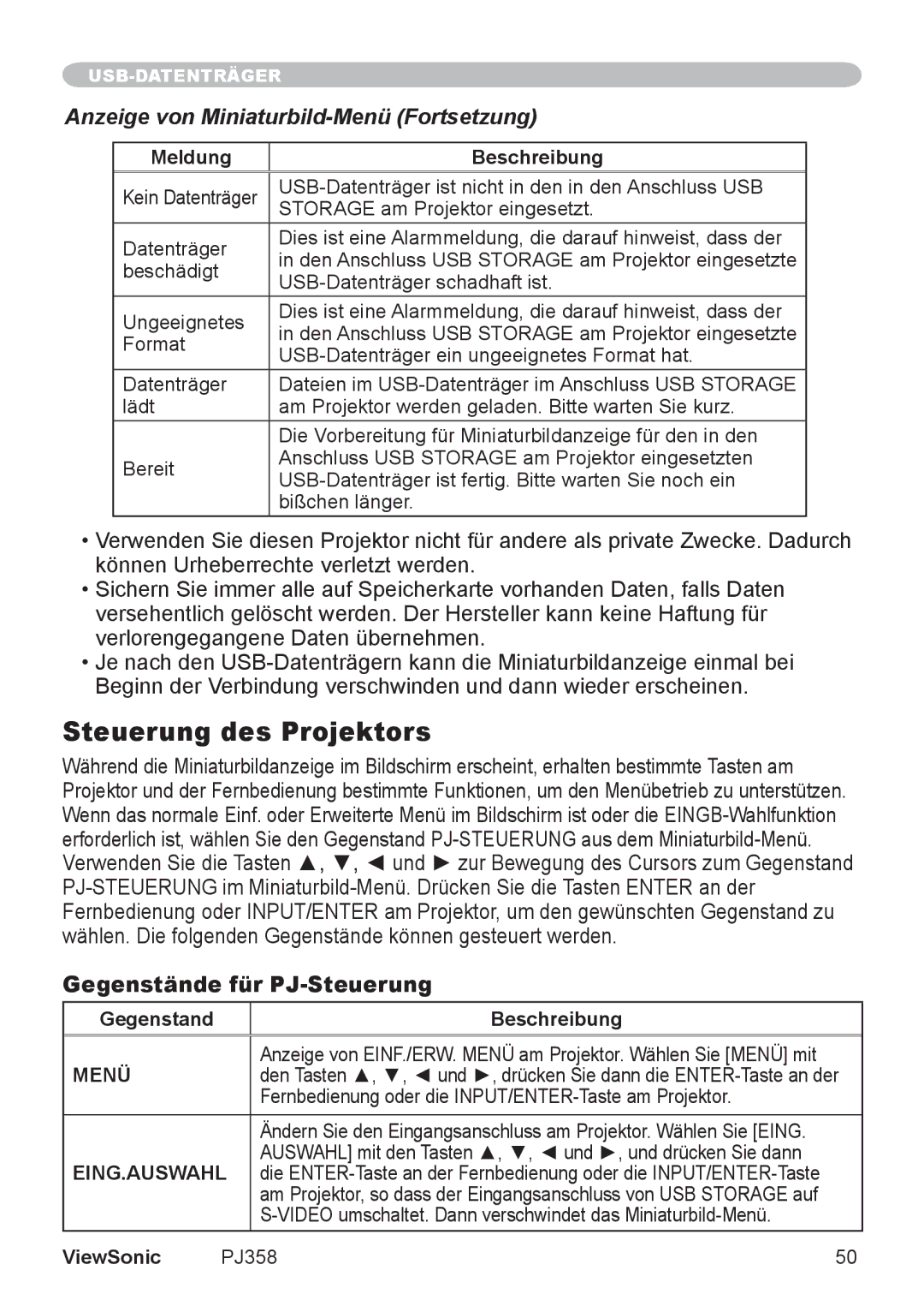 ViewSonic PJ860 manual Steuerung des Projektors, Gegenstände für PJ-Steuerung, Meldung Beschreibung, Menü, Eing.Auswahl 