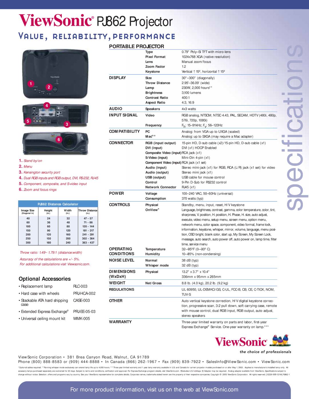 ViewSonic PJ862 warranty Optional Accessories 