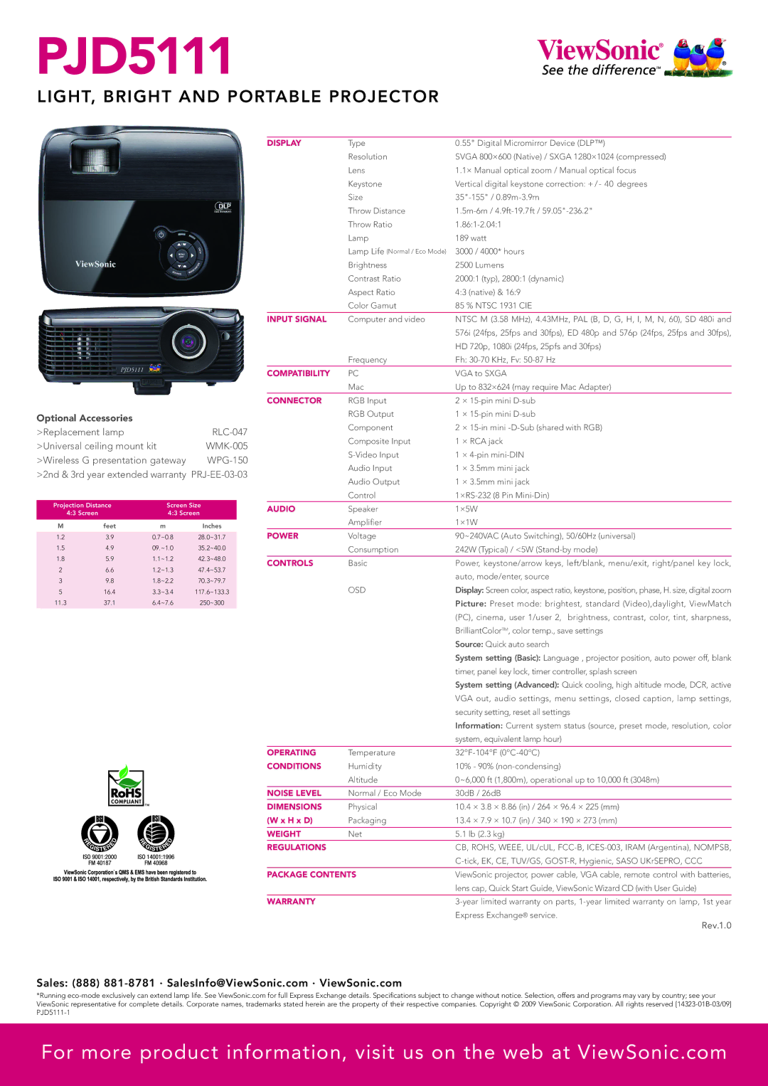 ViewSonic PJD5111 Display, Input Signal, Compatibility, Connector, Audio, Power, Controls, Operating, Conditions, Weight 