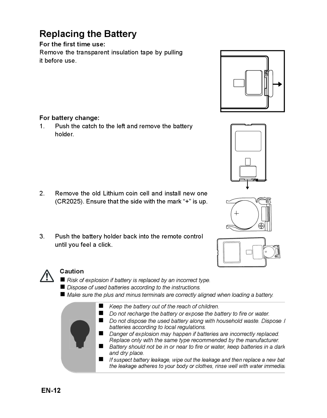 ViewSonic PJD5112 warranty Replacing the Battery, EN-12, For the first time use, For battery change 