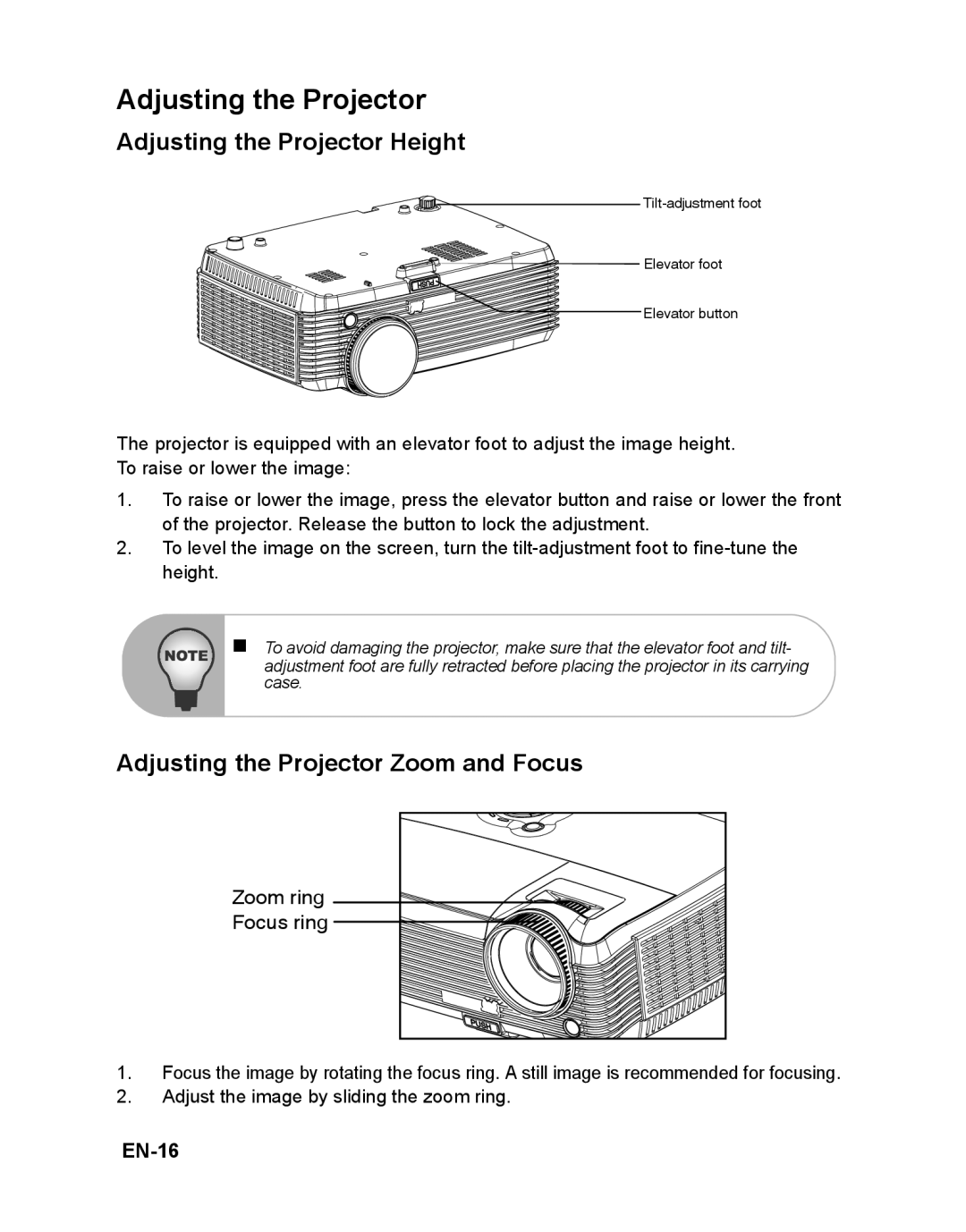 ViewSonic PJD5112 warranty Adjusting the Projector Height, Adjusting the Projector Zoom and Focus, EN-16 