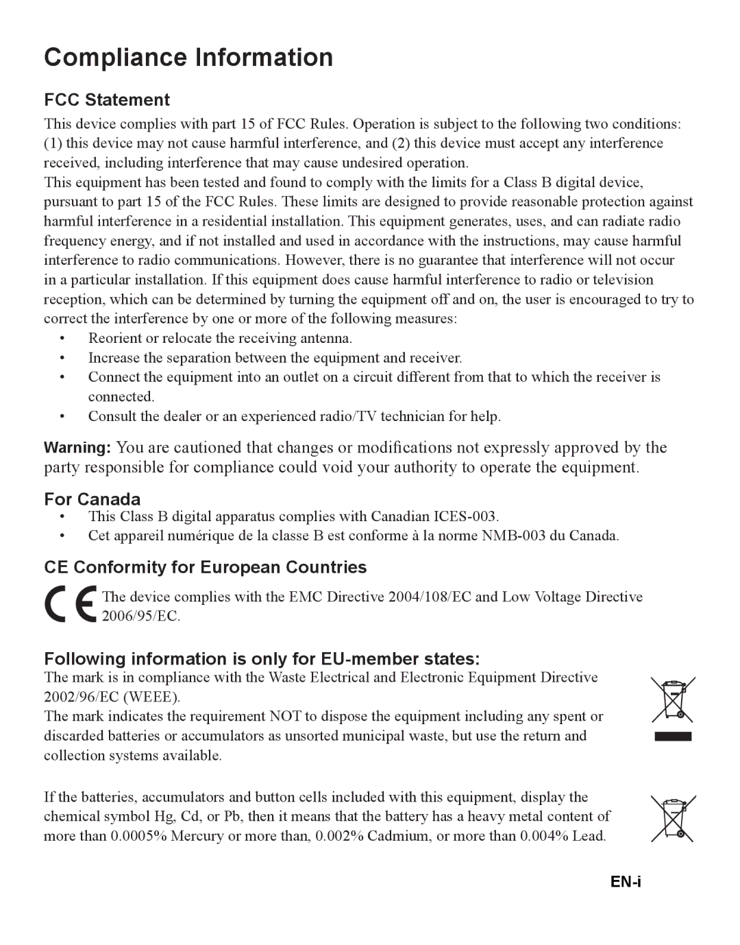 ViewSonic PJD5112 warranty Compliance Information, EN-i 