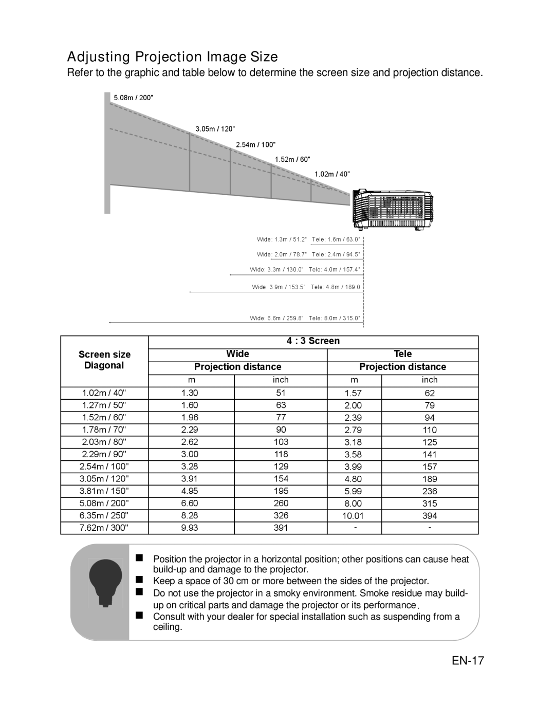 ViewSonic PJD5112 warranty Adjusting Projection Image Size, EN-17, Screen Screen size, Diagonal 