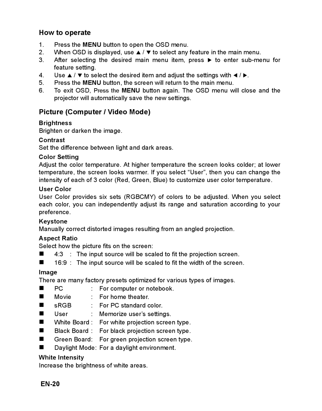 ViewSonic PJD5112 warranty How to operate, Picture Computer / Video Mode, EN-20 