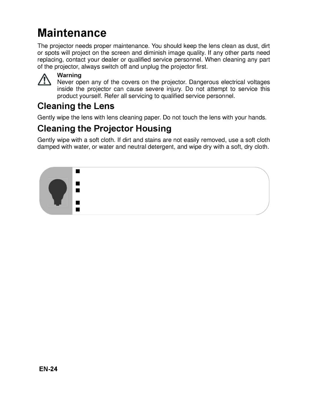 ViewSonic PJD5112 warranty Maintenance, Cleaning the Lens, Cleaning the Projector Housing, EN-24 