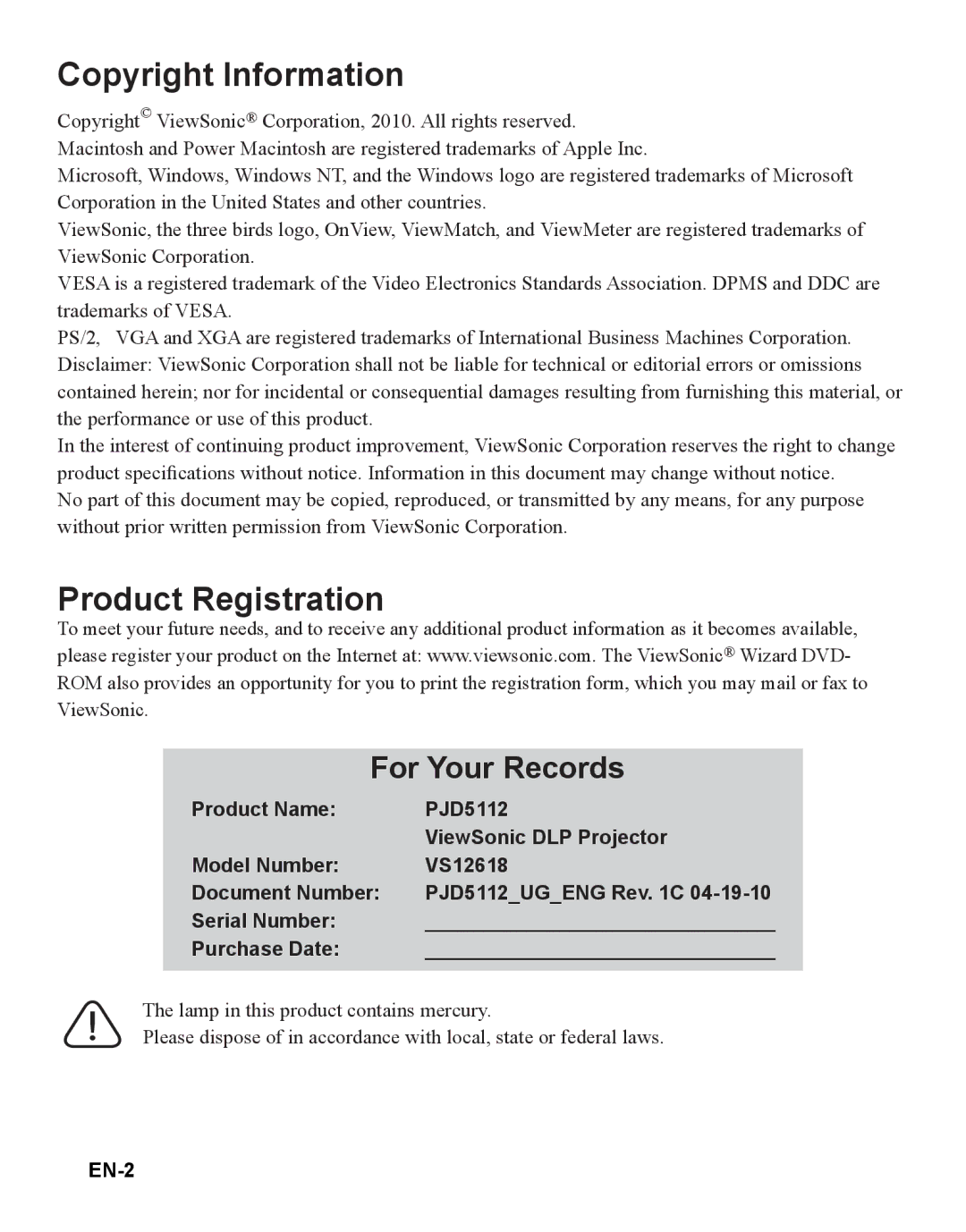 ViewSonic PJD5112 warranty Copyright Information, EN-2 