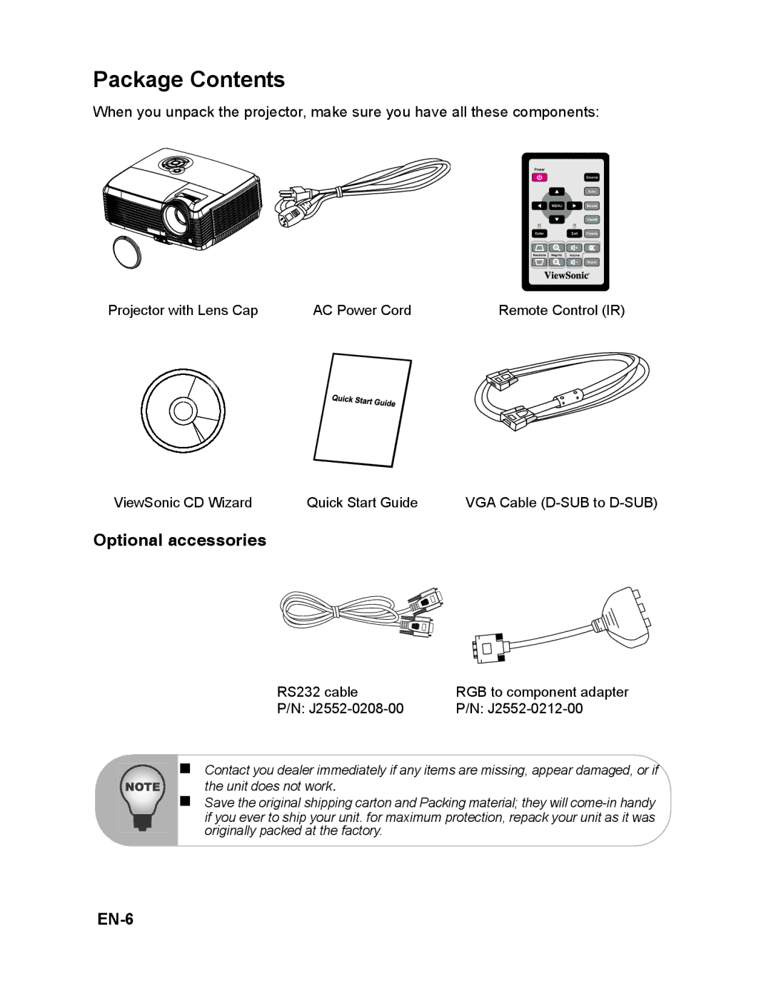 ViewSonic PJD5112 warranty Package Contents 