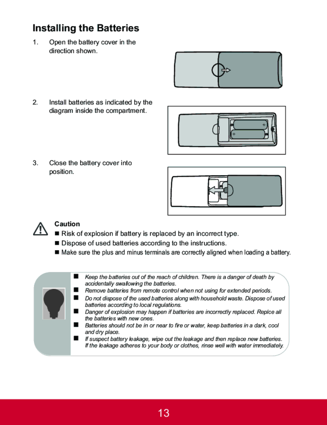 ViewSonic PJD5123, PJD5223 warranty Installing the Batteries 