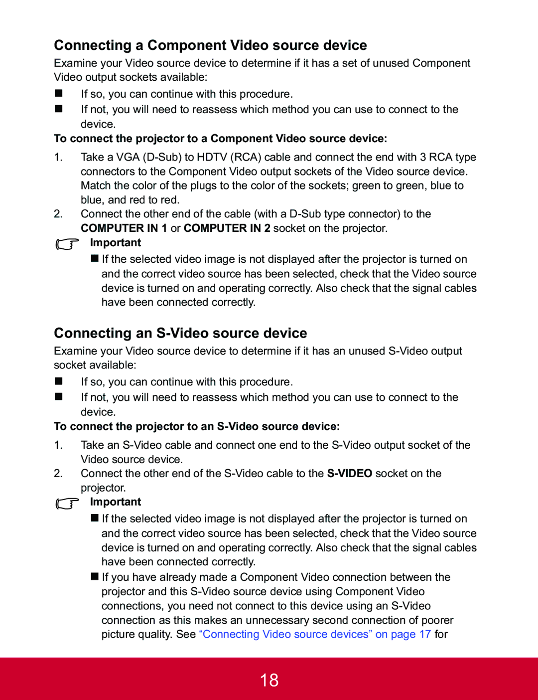 ViewSonic PJD5223, PJD5123 warranty Connecting a Component Video source device, Connecting an S-Video source device 