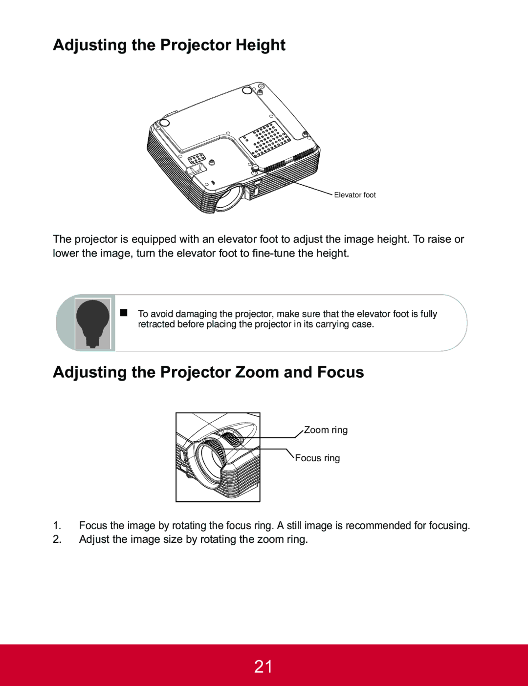 ViewSonic PJD5123, PJD5223 warranty Adjusting the Projector Height, Adjusting the Projector Zoom and Focus 