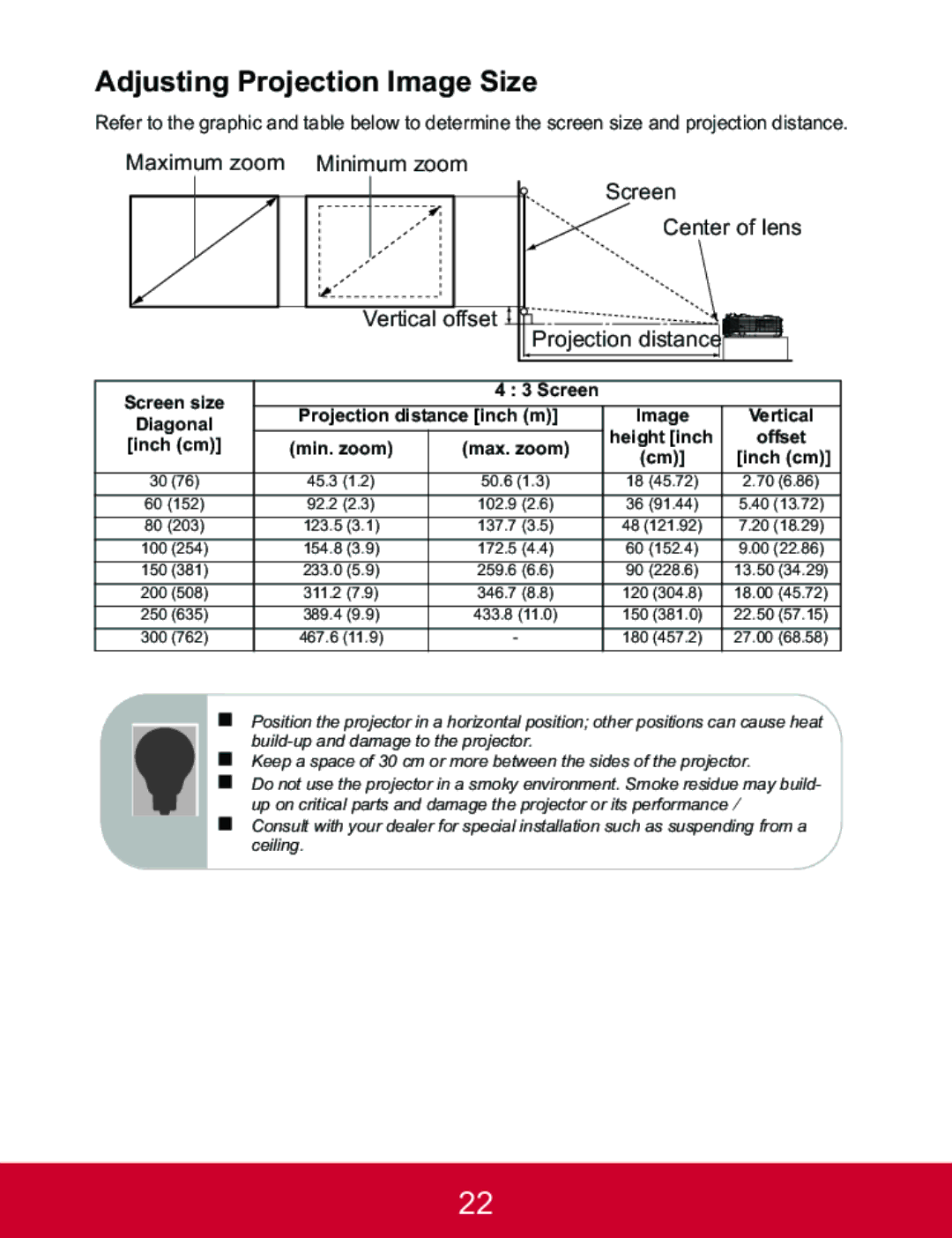 ViewSonic PJD5223, PJD5123 warranty Adjusting Projection Image Size, Projection distance 