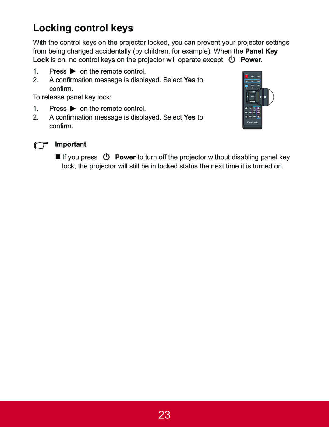 ViewSonic PJD5123, PJD5223 warranty Locking control keys, Confirm 