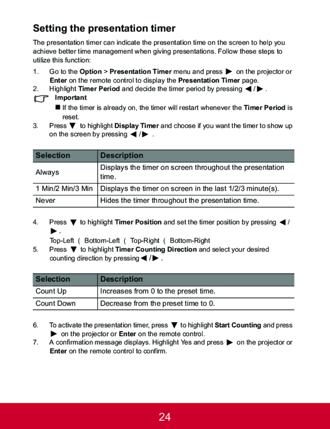 ViewSonic PJD5223, PJD5123 warranty Setting the presentation timer, Selection Description 