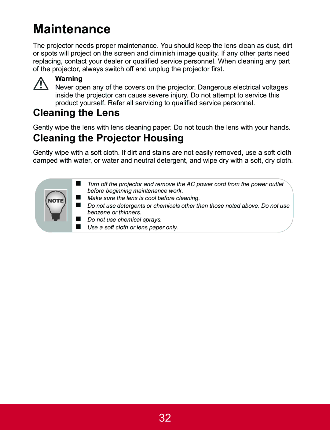 ViewSonic PJD5223, PJD5123 warranty Maintenance, Cleaning the Lens, Cleaning the Projector Housing 