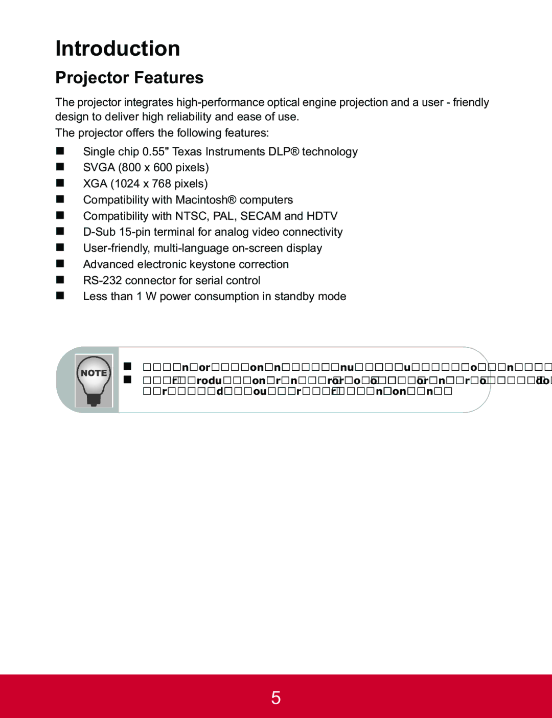 ViewSonic PJD5123, PJD5223 warranty Introduction, Projector Features 