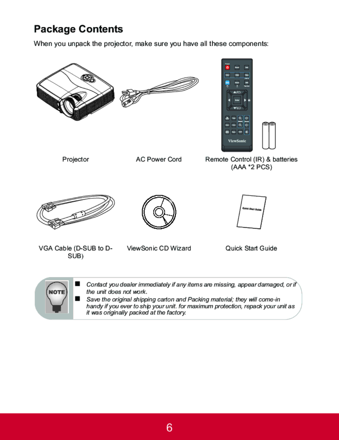 ViewSonic PJD5223, PJD5123 warranty Package Contents 