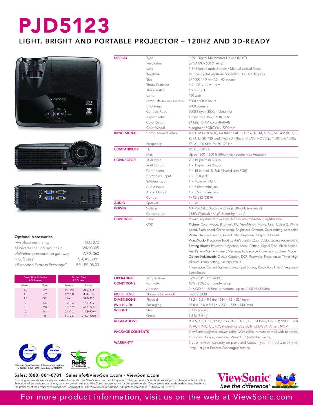 ViewSonic PJD5123 Display, Input Signal, Compatibility, Connector, Audio, Power, Controls, Operating, Conditions, Weight 