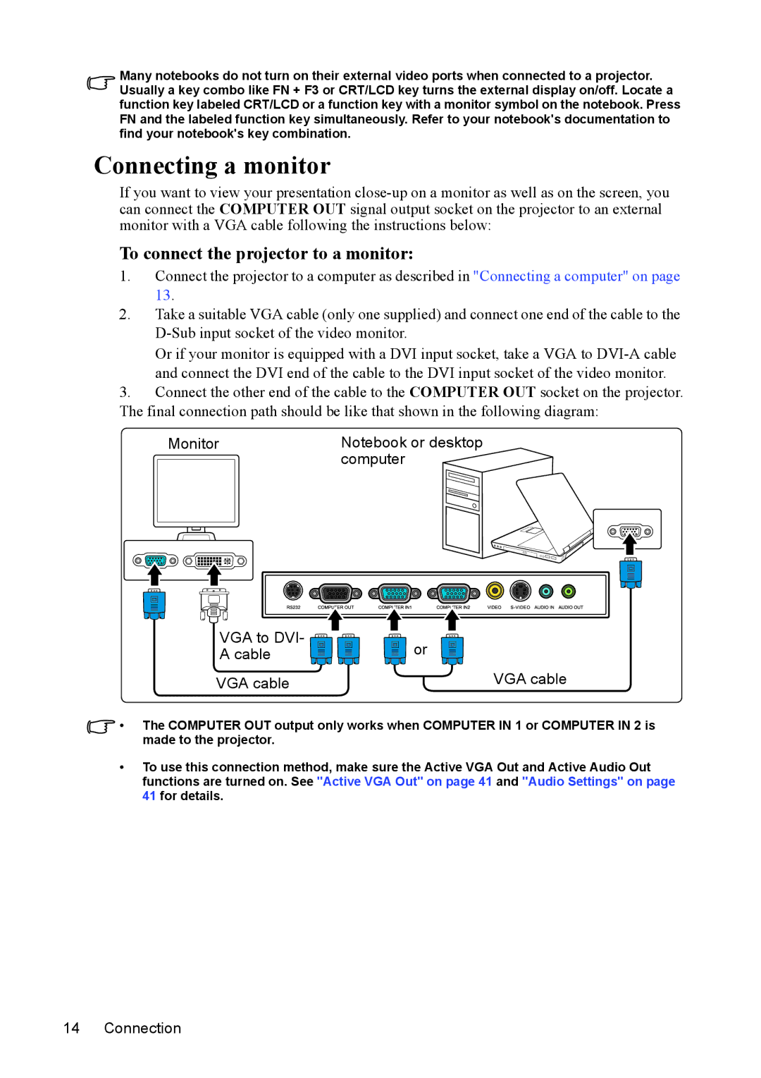 ViewSonic PJD5211 Connecting a monitor, To connect the projector to a monitor, Monitor Computer VGA to DVI Cable VGA cable 