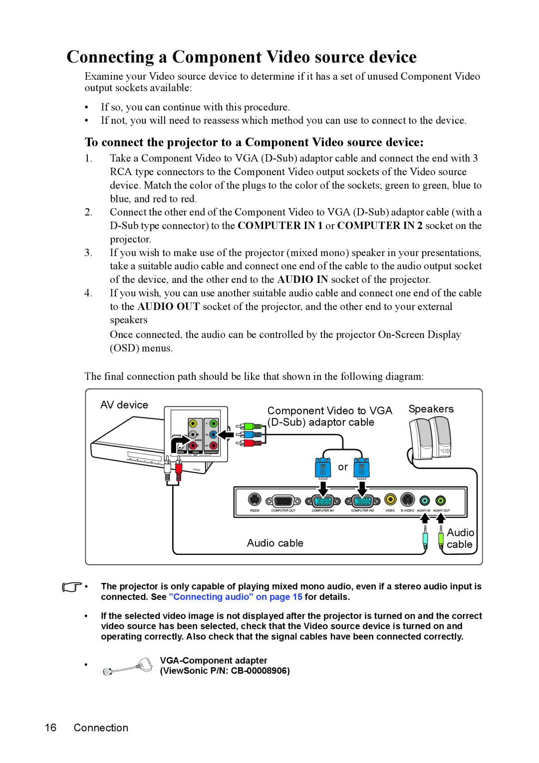 ViewSonic PJD5122 Connecting a Component Video source device, To connect the projector to a Component Video source device 