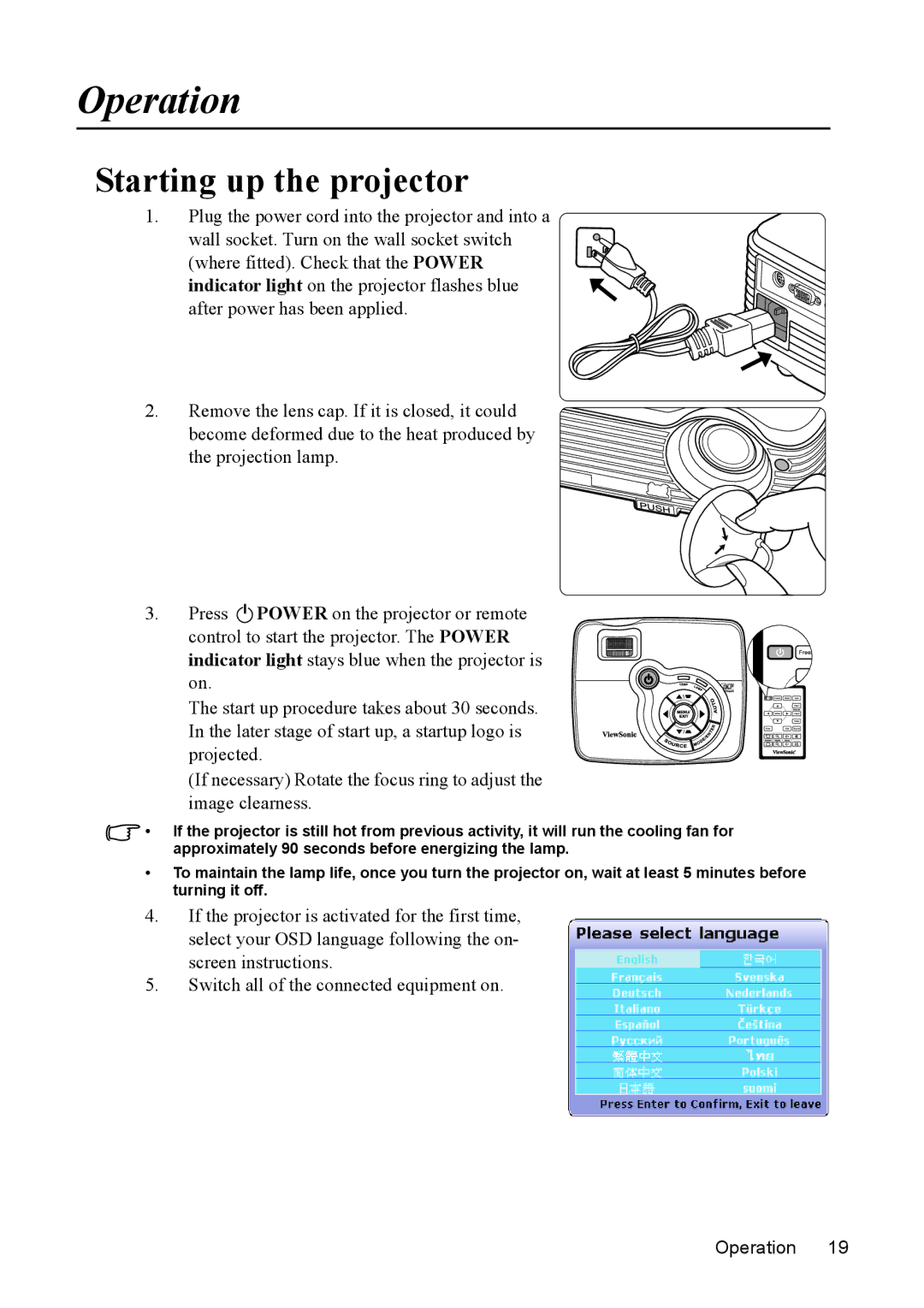 ViewSonic VS13308, PJD5231, PJD5211, PJD5221, PJD5122, VS13305, VS13306, VS13304 warranty Operation, Starting up the projector 