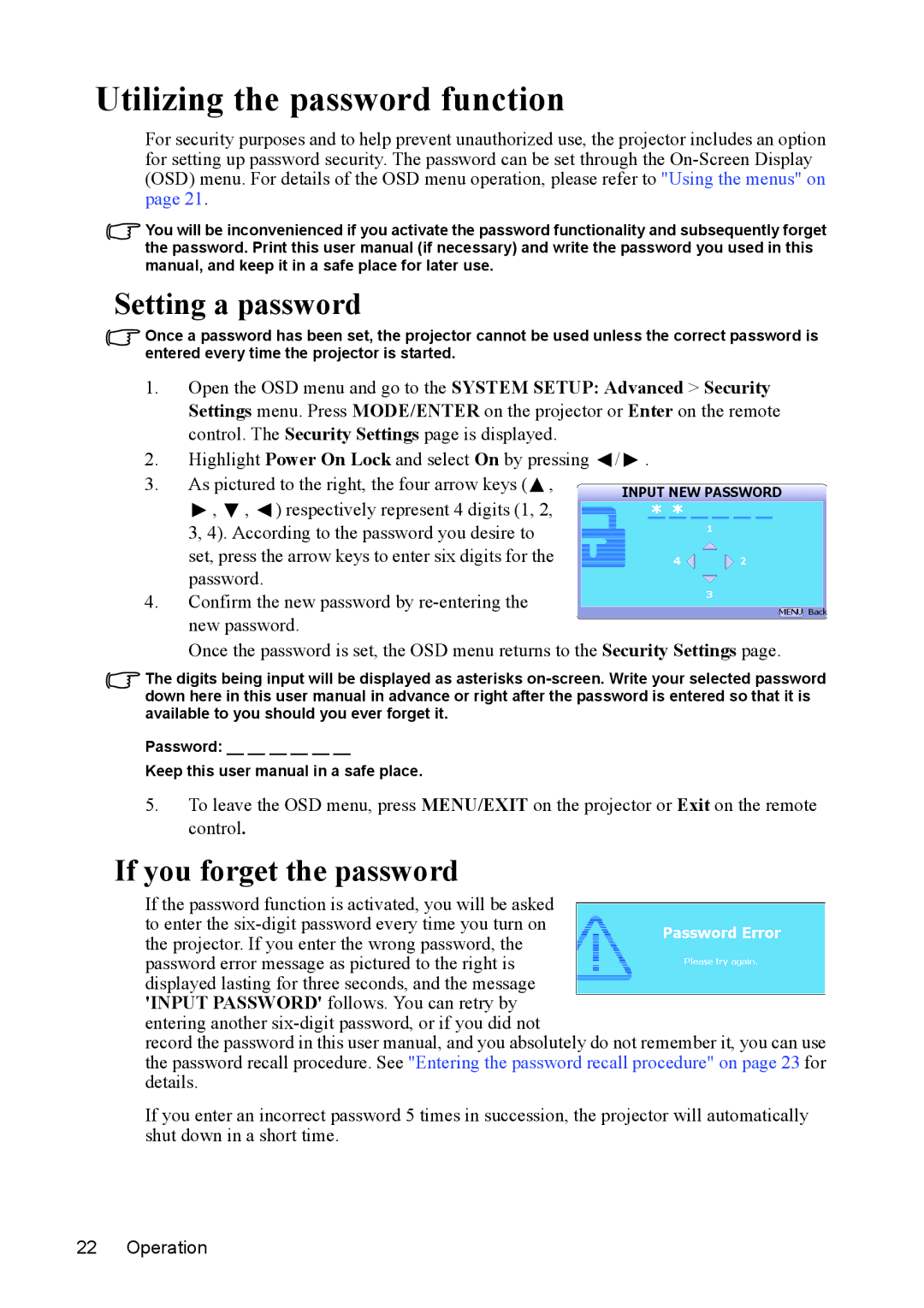 ViewSonic PJD5211, PJD5231 Utilizing the password function, Setting a password, If you forget the password, New password 