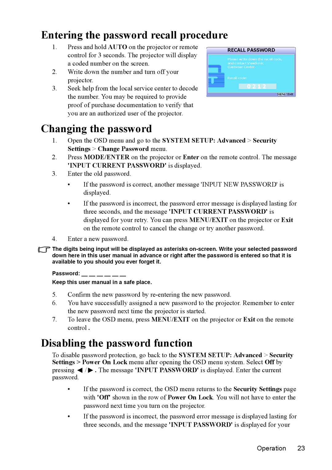 ViewSonic PJD5221, PJD5231 Entering the password recall procedure, Changing the password, Disabling the password function 