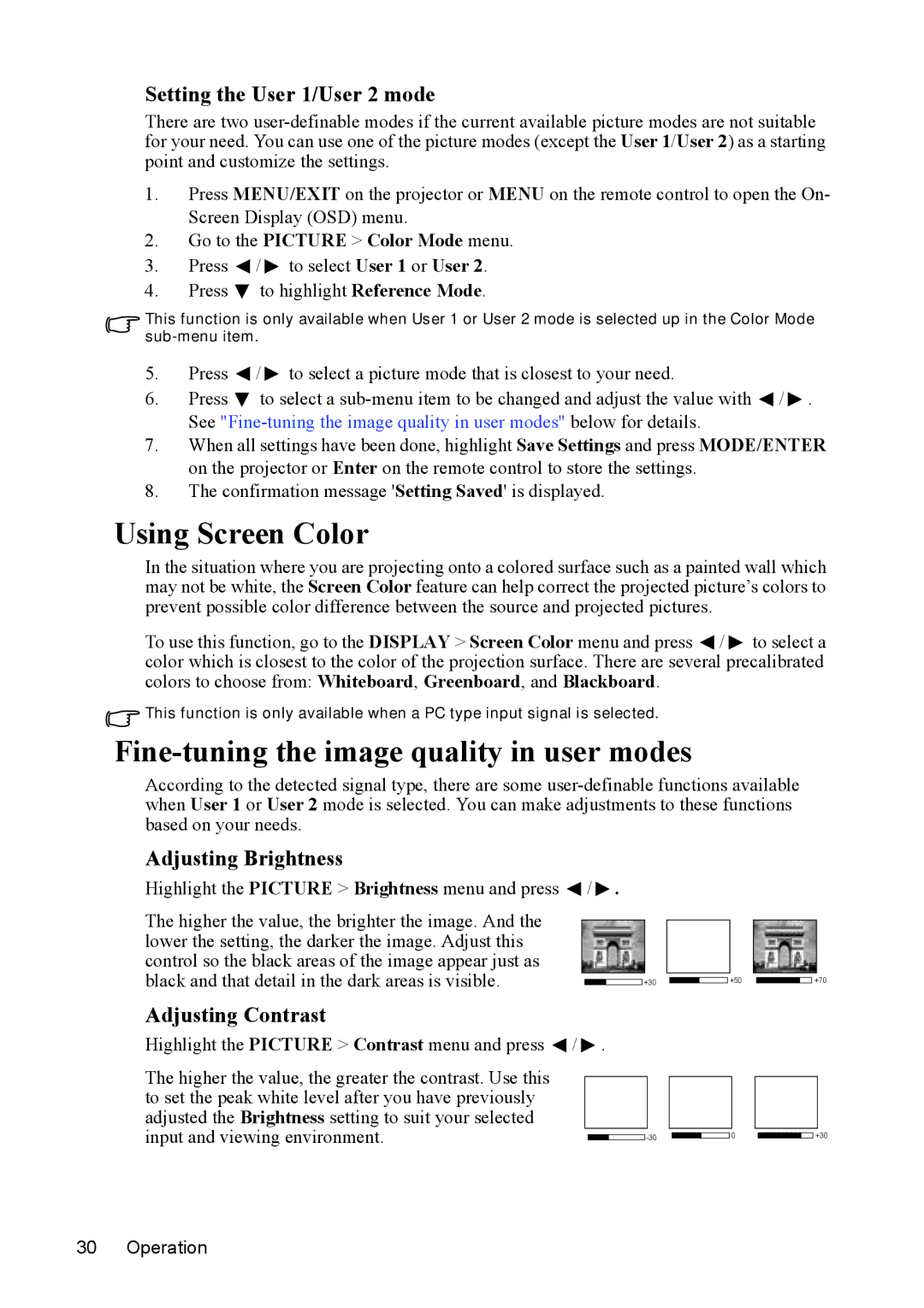 ViewSonic PJD5211, PJD5231 Using Screen Color, Fine-tuning the image quality in user modes, Setting the User 1/User 2 mode 