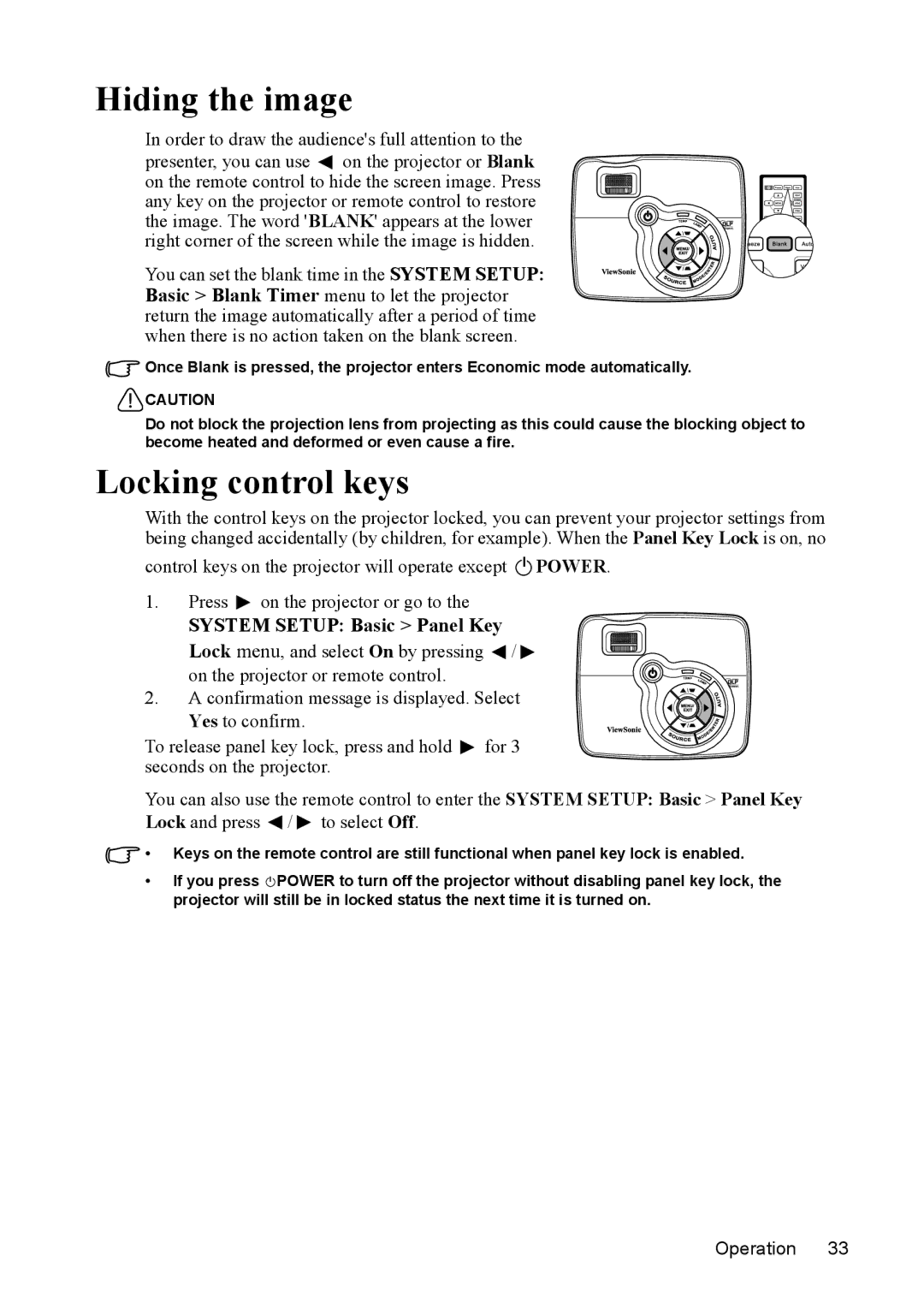 ViewSonic VS13305, PJD5231, PJD5211 Hiding the image, Locking control keys, Order to draw the audiences full attention to 