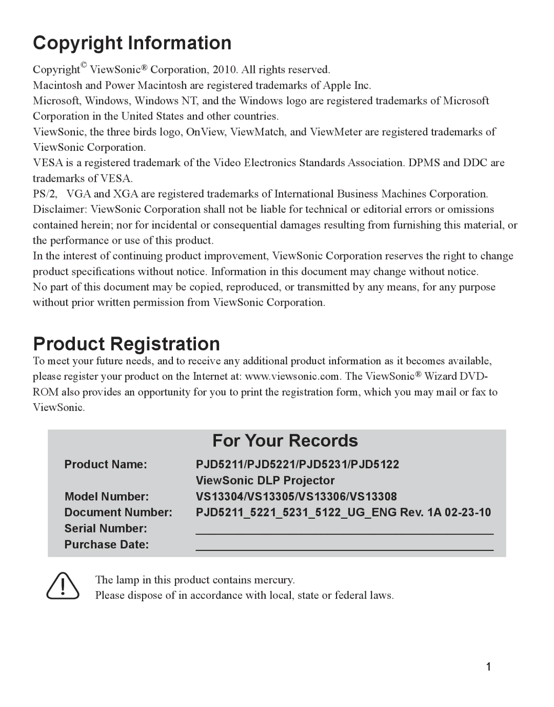 ViewSonic VS13305, PJD5231, PJD5211, PJD5221, PJD5122, VS13306, VS13308, VS13304 warranty Copyright Information 