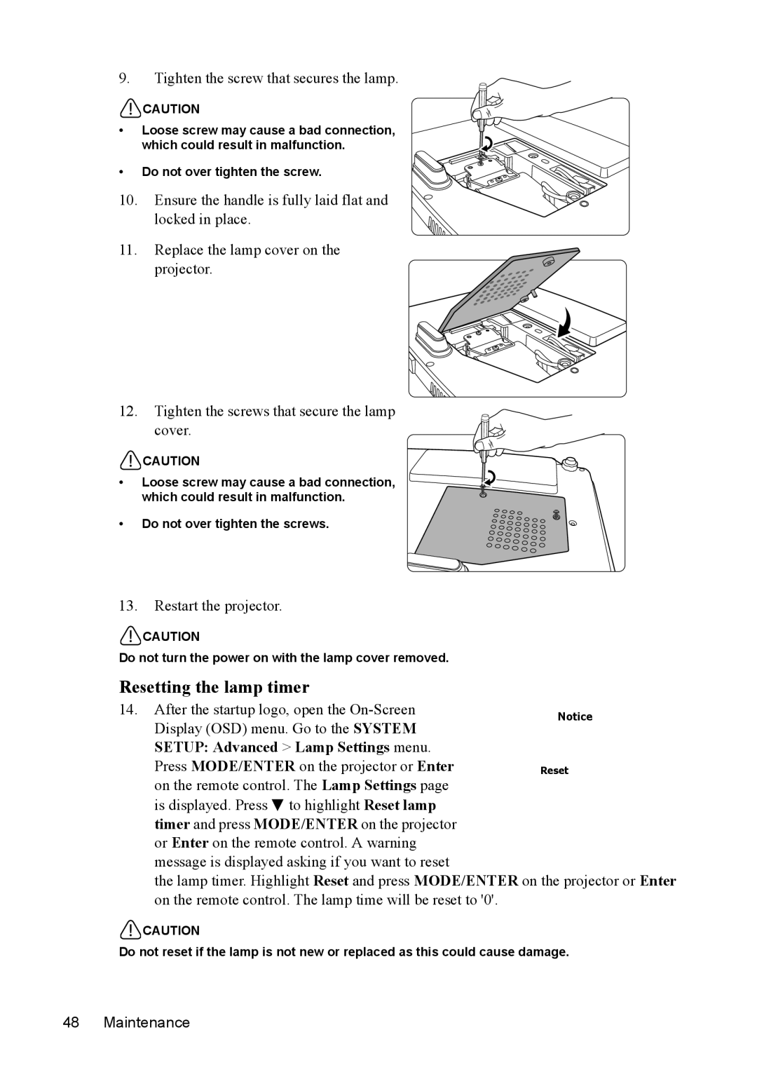 ViewSonic PJD5122, PJD5231 warranty Resetting the lamp timer, Tighten the screw that secures the lamp, Restart the projector 