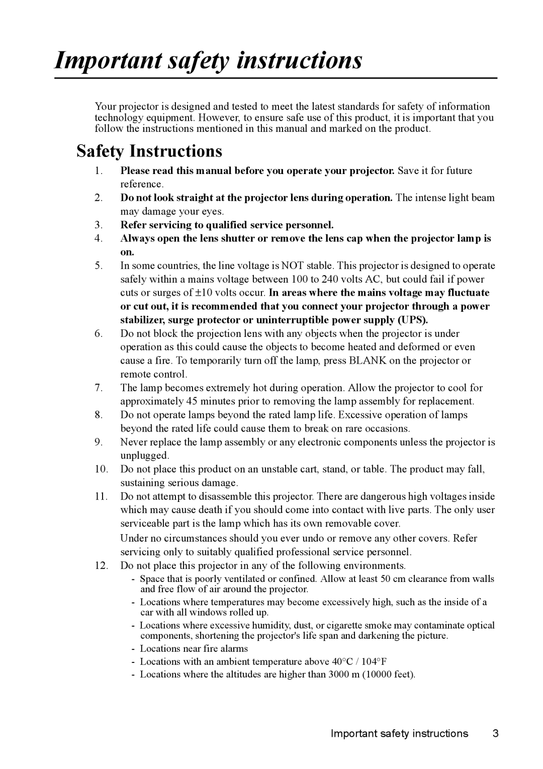 ViewSonic VS13308, PJD5231, PJD5211, PJD5221, PJD5122, VS13305, VS13306 Safety Instructions, Important safety instructions 