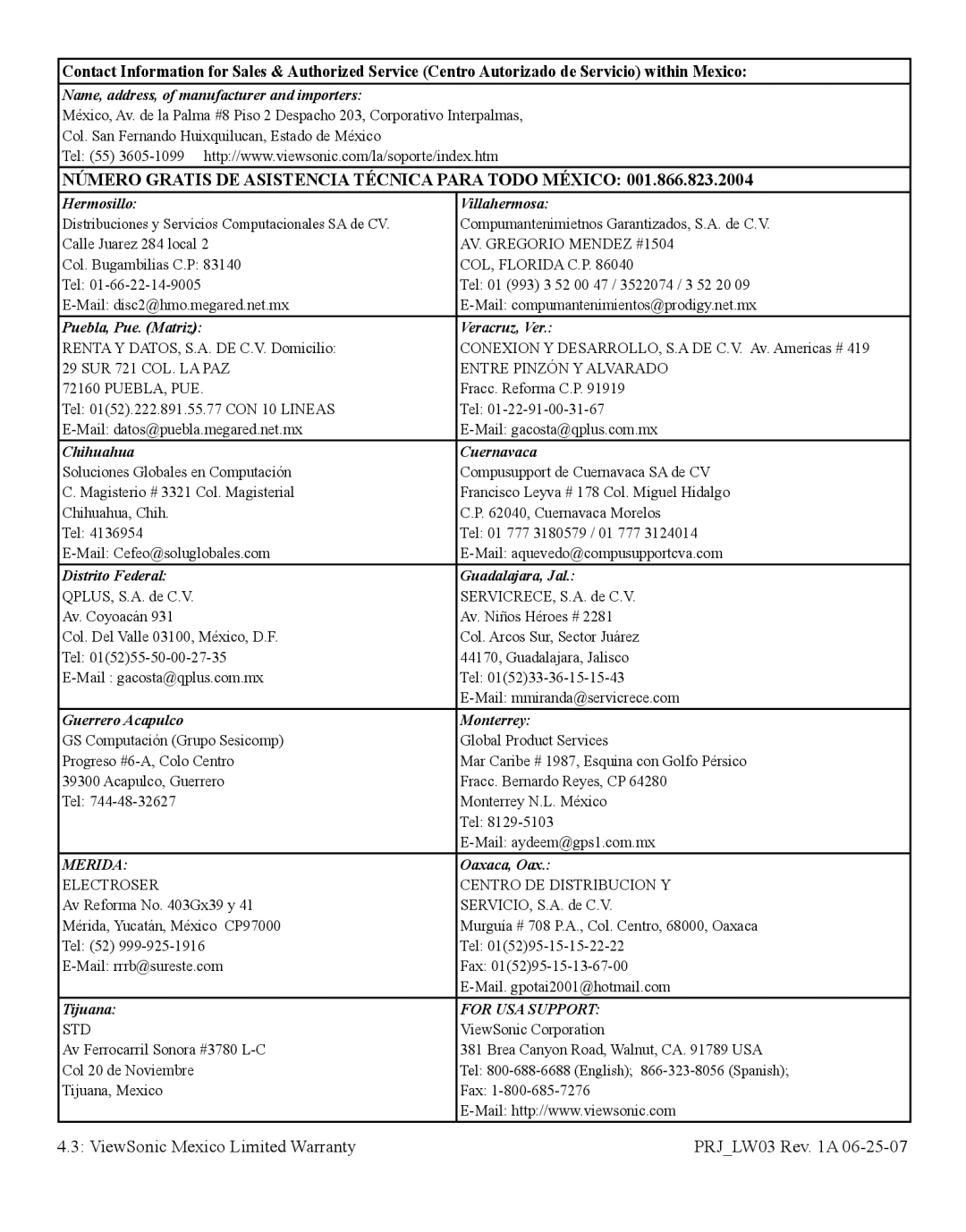 ViewSonic VS13305, PJD5231, PJD5211, PJD5221, PJD5122, VS13306, VS13308 Número Gratis DE Asistencia Técnica Para Todo México 