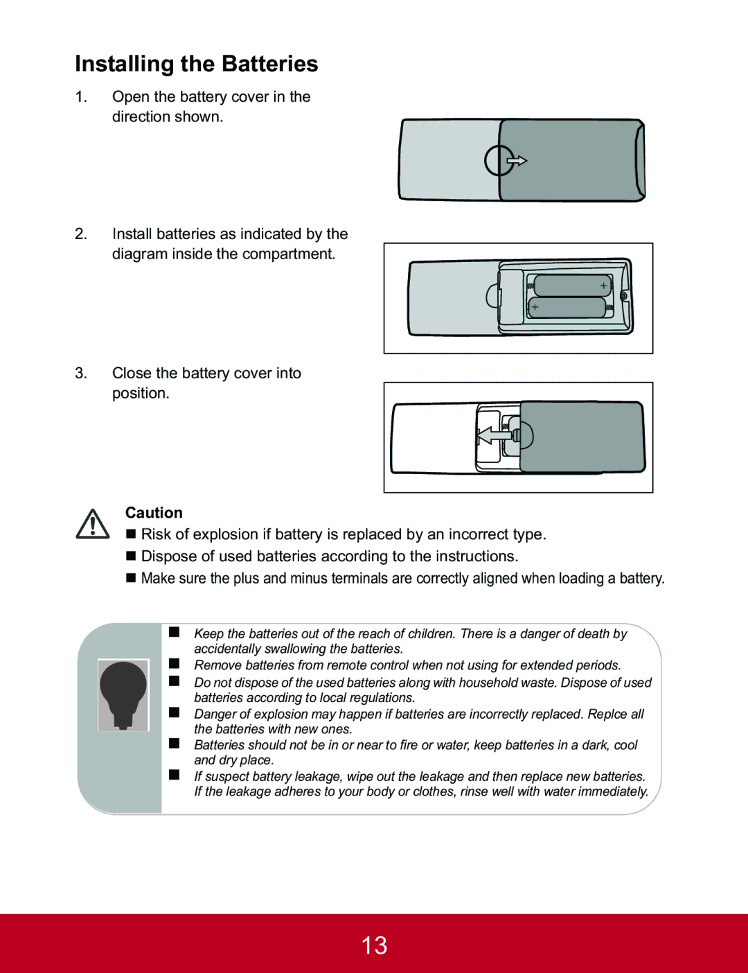 ViewSonic PJD5523W, PJD5233, PJD5133 warranty Installing the Batteries 