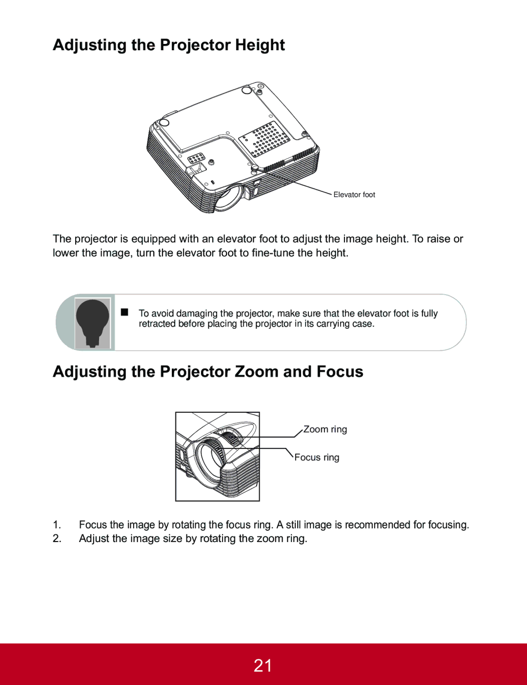 ViewSonic PJD5233, PJD5523W, PJD5133 warranty Adjusting the Projector Height, Adjusting the Projector Zoom and Focus 