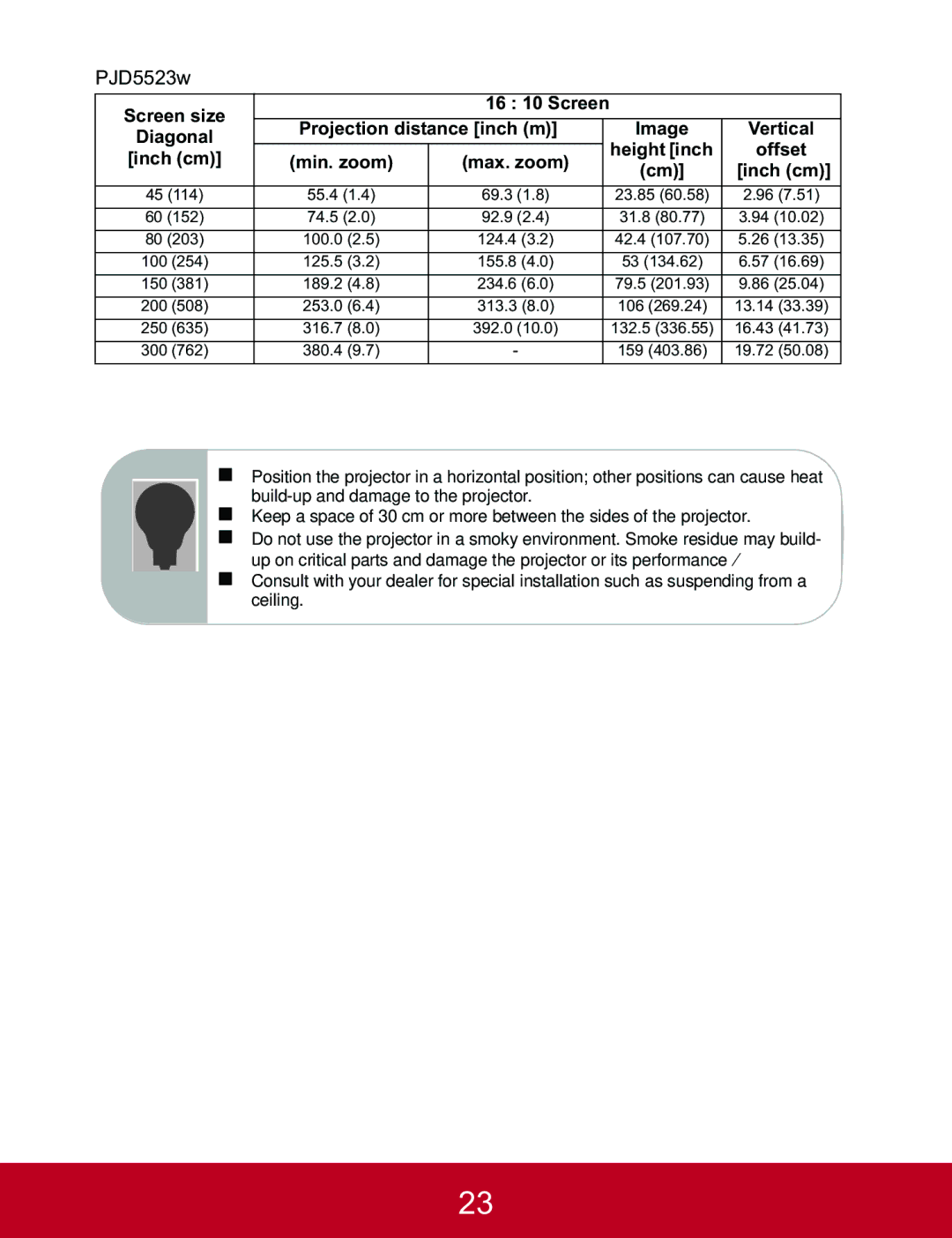 ViewSonic PJD5133, PJD5233, PJD5523W warranty Screen size 16 10 Screen, Projection distance inch m Image Vertical 