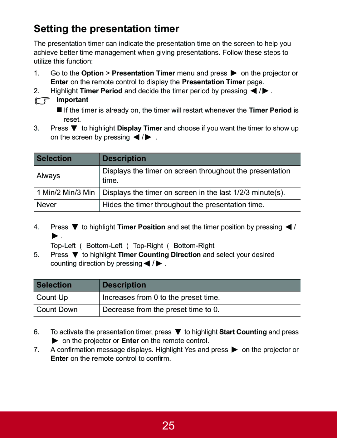 ViewSonic PJD5523W, PJD5233, PJD5133 warranty Setting the presentation timer, Selection Description 