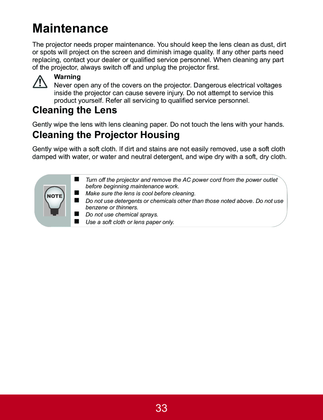 ViewSonic PJD5233, PJD5523W, PJD5133 warranty Maintenance, Cleaning the Lens, Cleaning the Projector Housing 