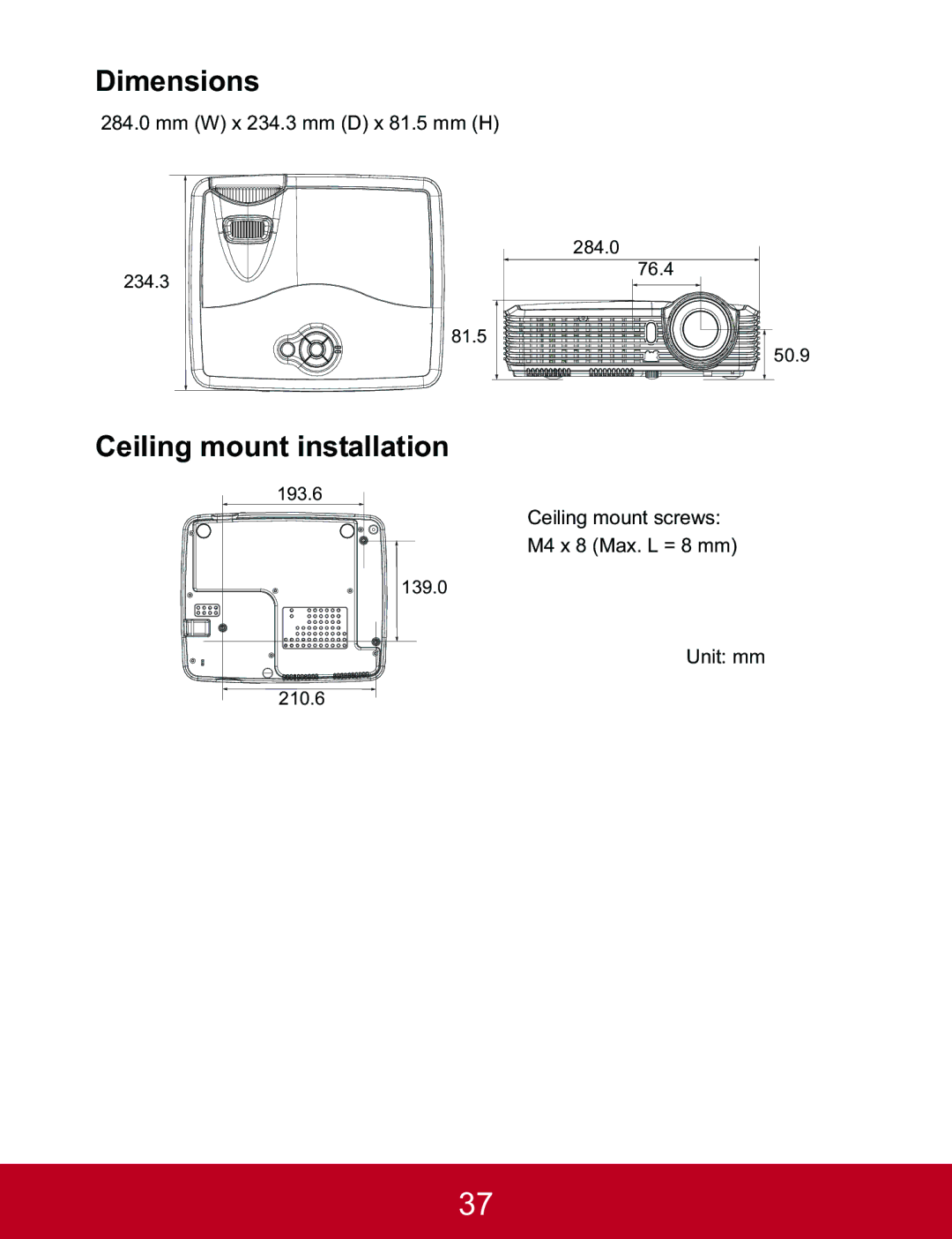 ViewSonic PJD5523W, PJD5233, PJD5133 warranty Dimensions, Ceiling mount installation 