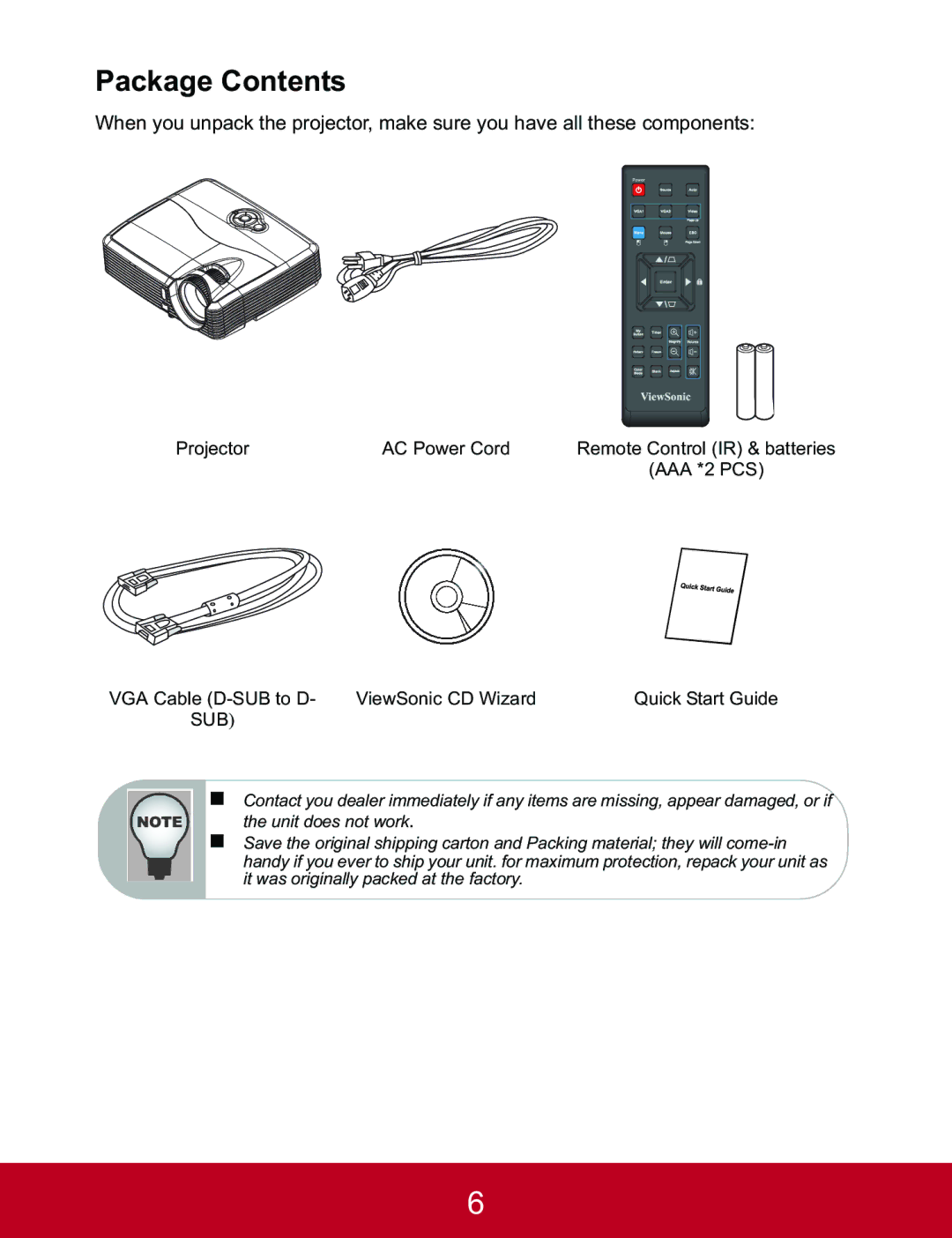 ViewSonic PJD5233, PJD5523W, PJD5133 warranty Package Contents 