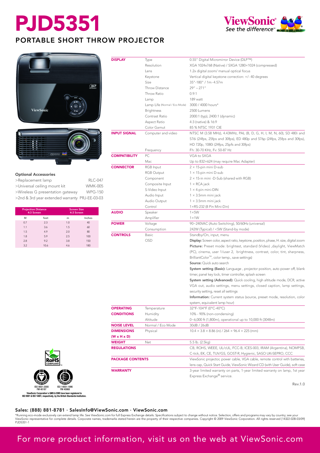 ViewSonic PJD5351 manual For more product information, visit us on the web at ViewSonic.com, Portable Short Throw Projector 