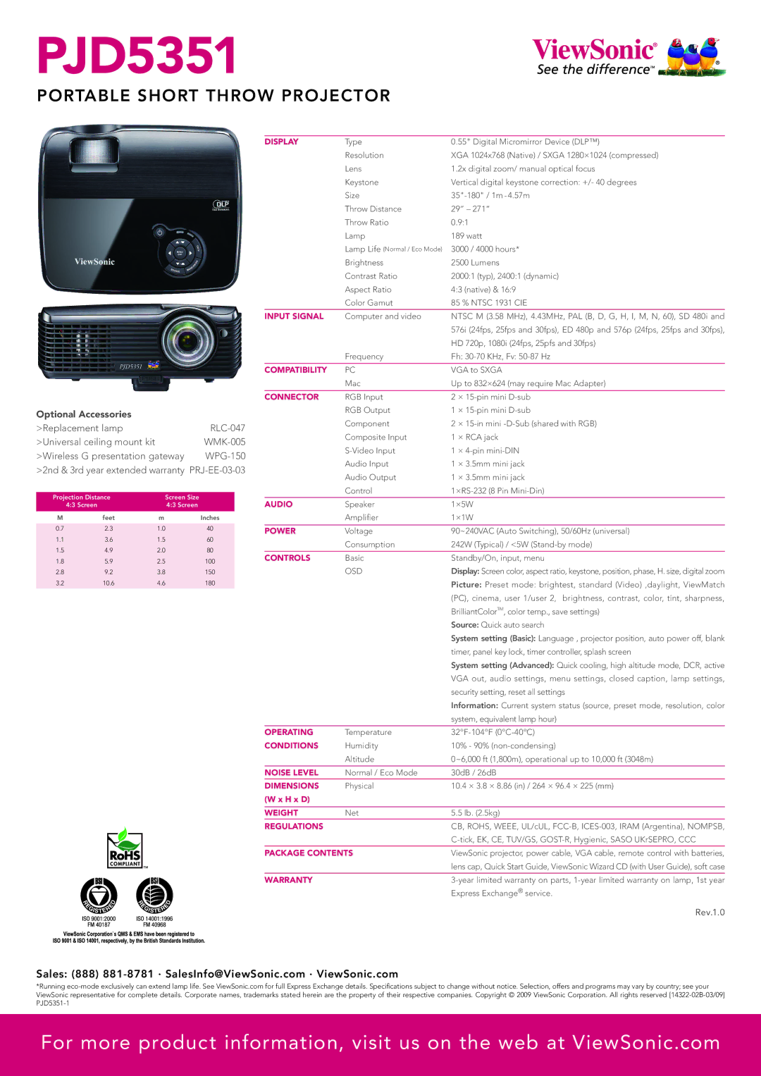 ViewSonic PJD5351 Display, Input Signal, Compatibility, Connector, Audio, Power, Controls, Operating, Conditions, Weight 