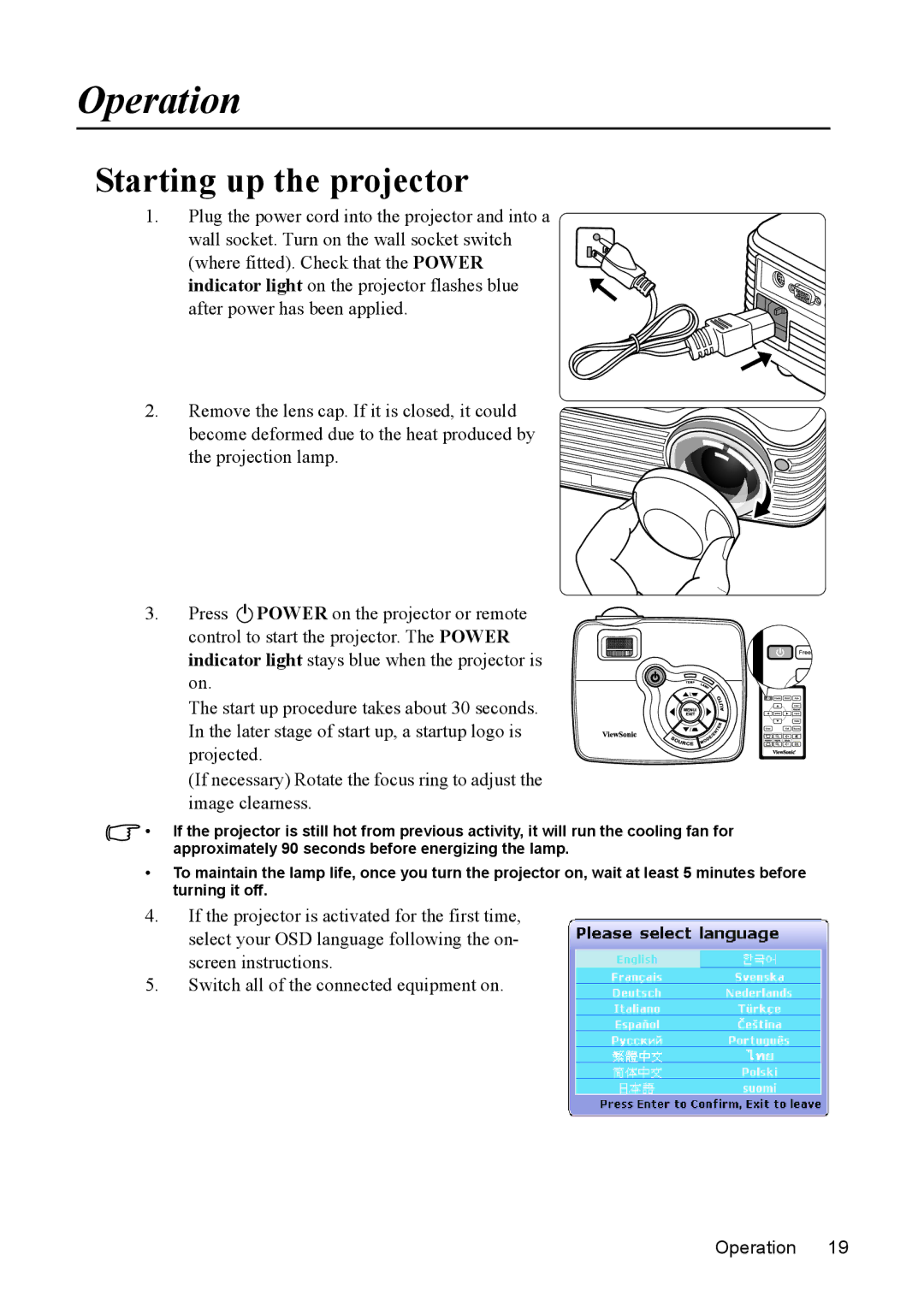 ViewSonic PJD5352, PJD5152 warranty Operation, Starting up the projector 