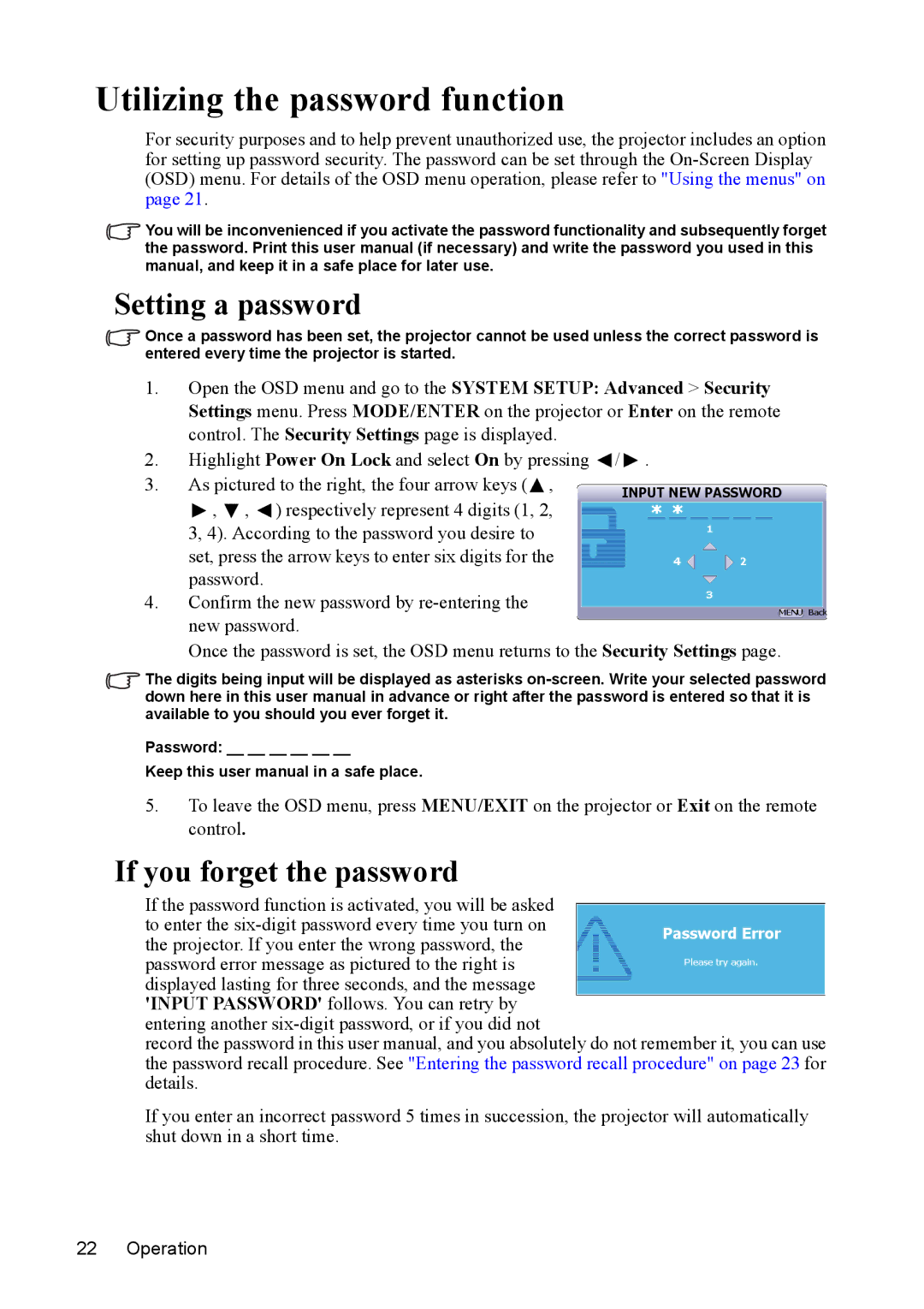 ViewSonic PJD5152, PJD5352 Utilizing the password function, Setting a password, If you forget the password, New password 