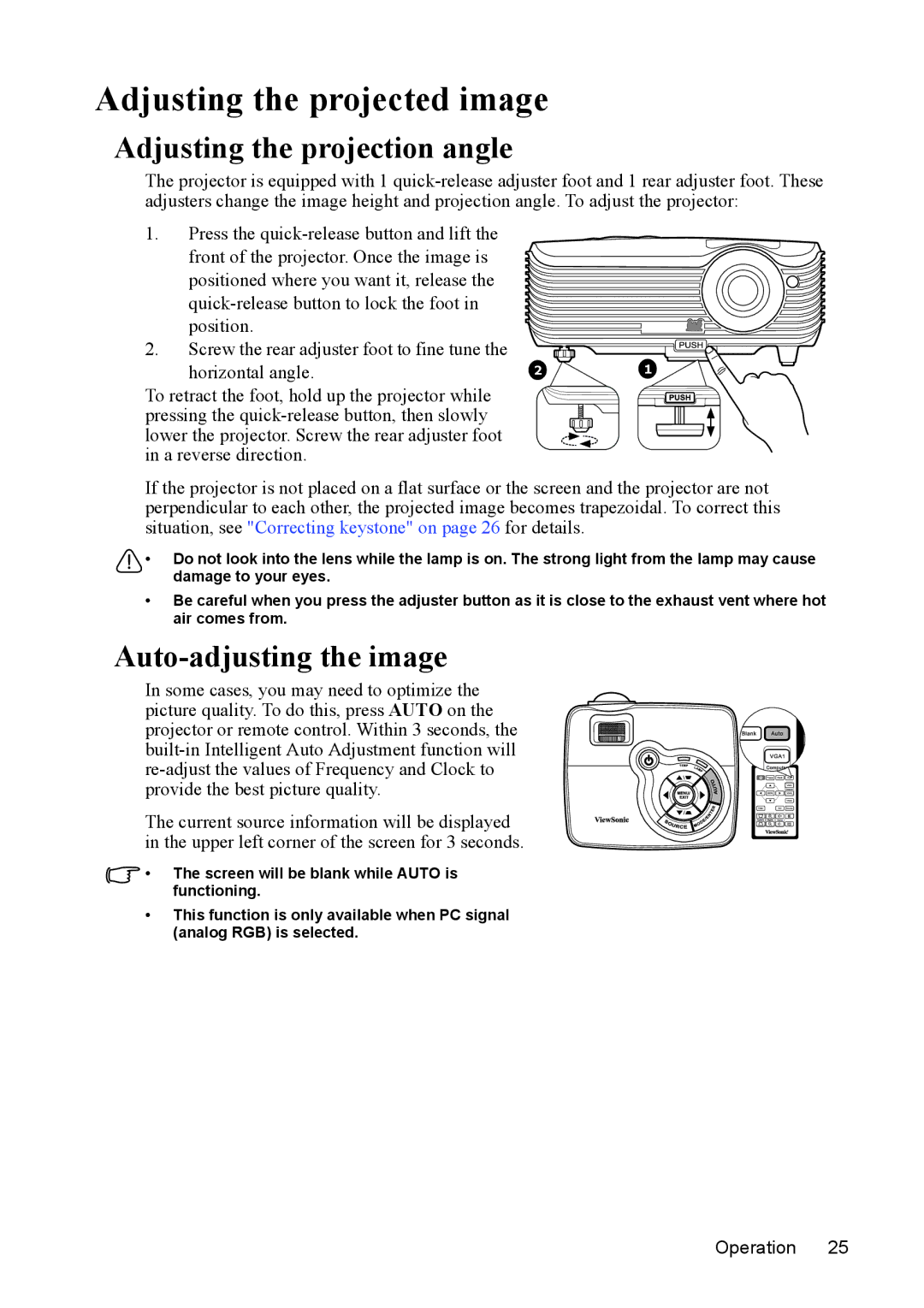 ViewSonic PJD5352, PJD5152 warranty Adjusting the projected image, Adjusting the projection angle, Auto-adjusting the image 