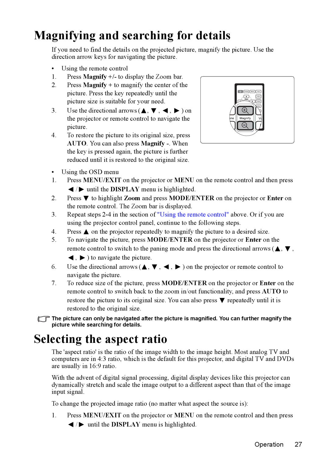 ViewSonic PJD5352, PJD5152 warranty Magnifying and searching for details, Selecting the aspect ratio 