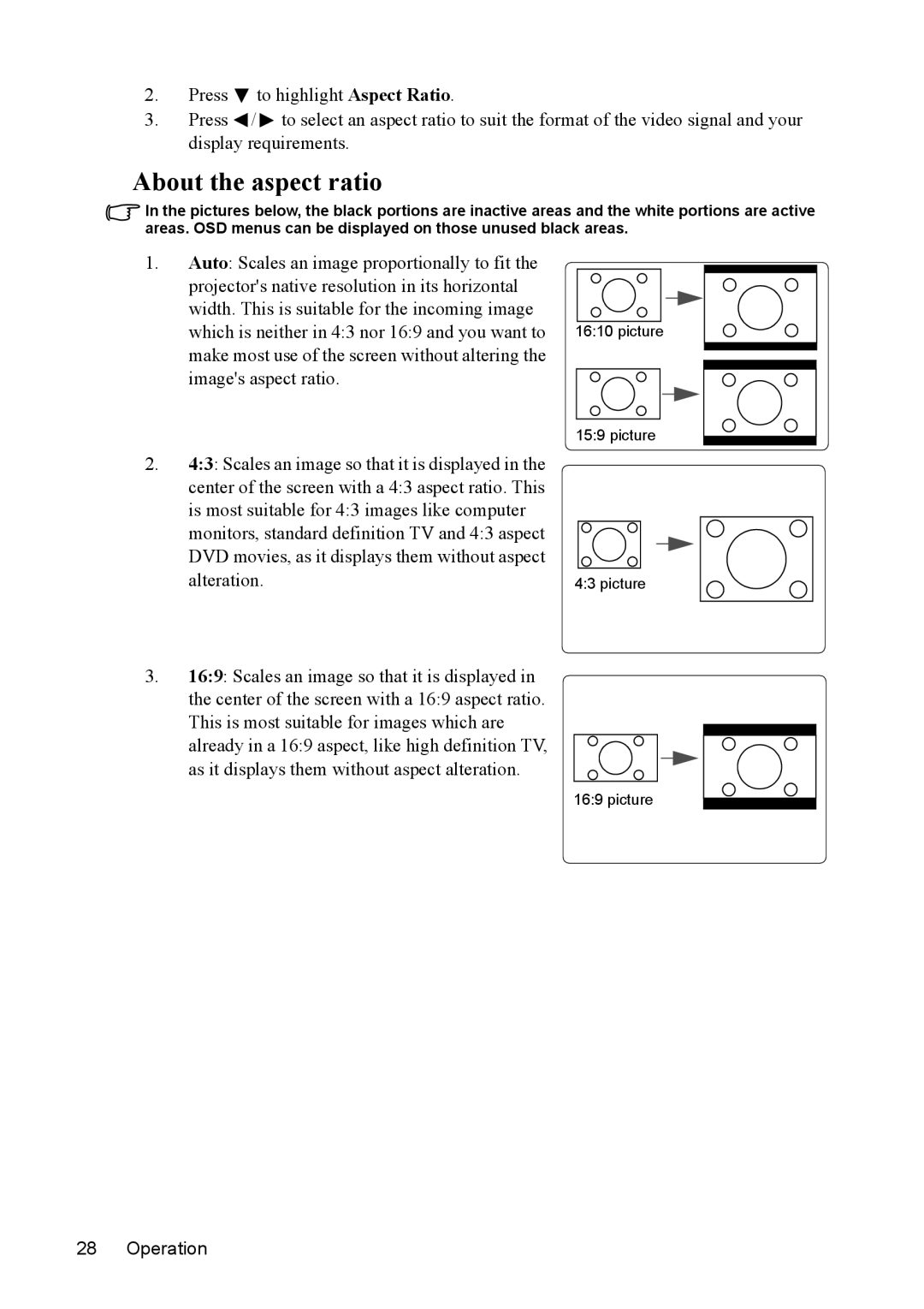 ViewSonic PJD5152, PJD5352 warranty About the aspect ratio 